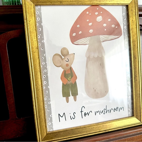 M is for Mushroom Cottagecore Mouse Woodland Canvas Art Print Gold Framed Floral - Picture 3 of 7